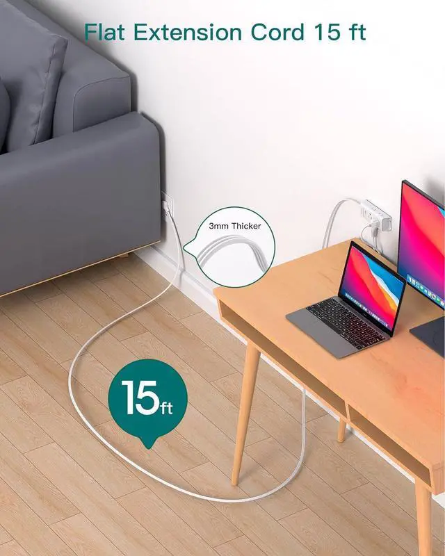 Alt view image 3 of 7 - Flat Extension Cord 15 ft - Addtam Flat Plug Power Strip with 6 Outlets Extender, Long Extension Cord with Multiple Outlets, Wall Mount for Home Dorm Room Essentials, ETL Listed