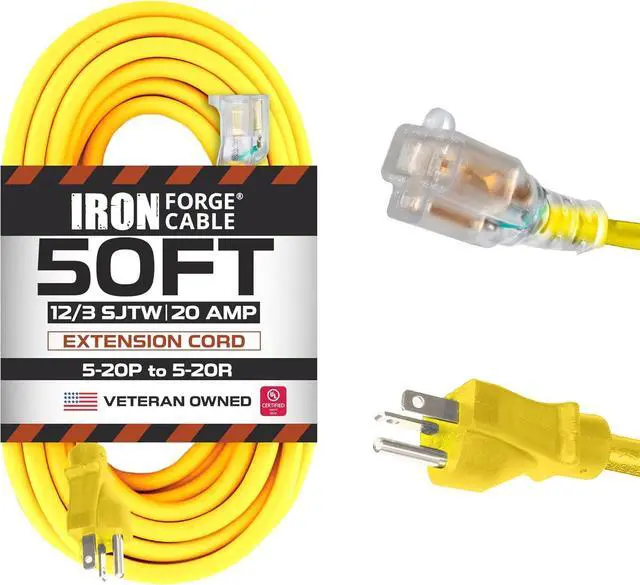 Main image of Iron Forge Cable 50 Ft Extension Cord - Nema 5-20 Extension Cord Heavy Duty 50 ft, 5-20P to 5-20R Lighted Yellow SJTW 12 Gauge Electric Cable 20 Amp