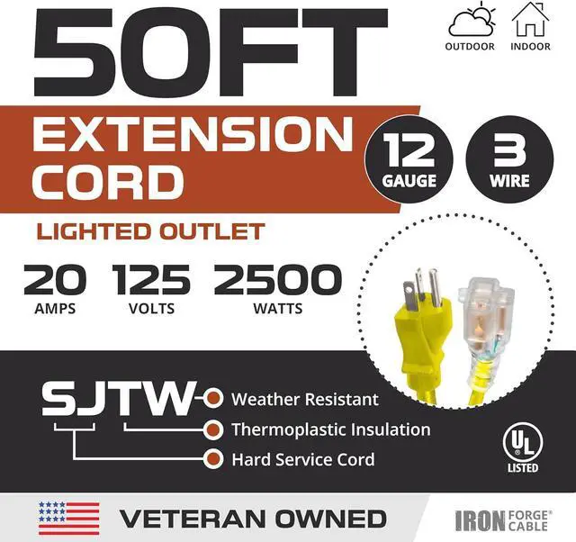 Alt view image 2 of 5 - Iron Forge Cable 50 Ft Extension Cord - Nema 5-20 Extension Cord Heavy Duty 50 ft, 5-20P to 5-20R Lighted Yellow SJTW 12 Gauge Electric Cable 20 Amp