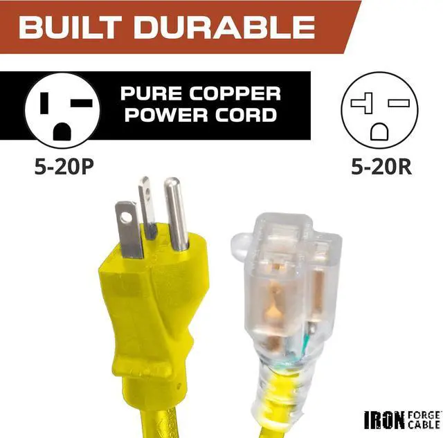 Alt view image 3 of 5 - Iron Forge Cable 50 Ft Extension Cord - Nema 5-20 Extension Cord Heavy Duty 50 ft, 5-20P to 5-20R Lighted Yellow SJTW 12 Gauge Electric Cable 20 Amp