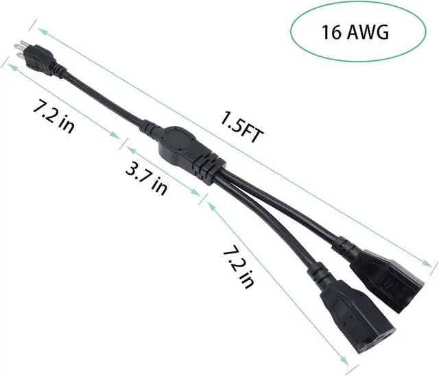 Alt view image 2 of 5 - SJT 1.5FT Black Power Cord Splitter - 1 to 2, 16AWG, Indoor Cable Strip Outlet Saver, Extension Cable for Computer & LED Stage Light 2 Pack