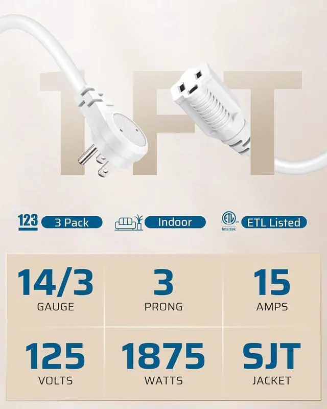 Alt view image 2 of 7 - DEWENWILS 1FT Extension Cord Indoor, 14 Gauge Short Flat Plug Extension Cord White with 3 Prong, Low Profile Power Cable SJT, ETL Listed, 3 Pack