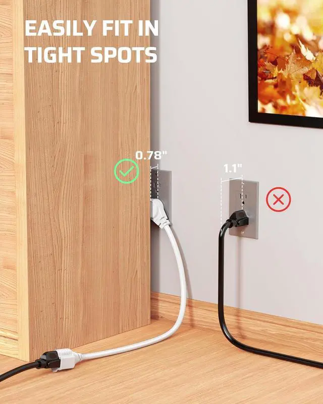 Alt view image 3 of 7 - DEWENWILS 1FT Extension Cord Indoor, 14 Gauge Short Flat Plug Extension Cord White with 3 Prong, Low Profile Power Cable SJT, ETL Listed, 3 Pack