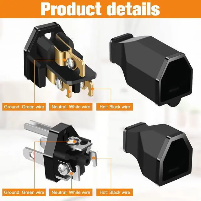 Alt view image 4 of 6 - 20 Pcs Extension Cord Plug Replacement Male and Female Extension Cord Ends 125v 15a 2 Pole 3 Wire Male and Female Connector Straight Plug Replacement compatible with Nema 5-15p and 5-15r 1875w