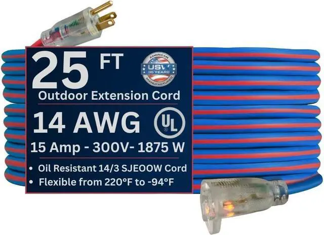 Main image of US Wire 98025 14/3 25-Foot SJEOW TPE Cold Weather Extension Cord Blue with Lighted Plug
