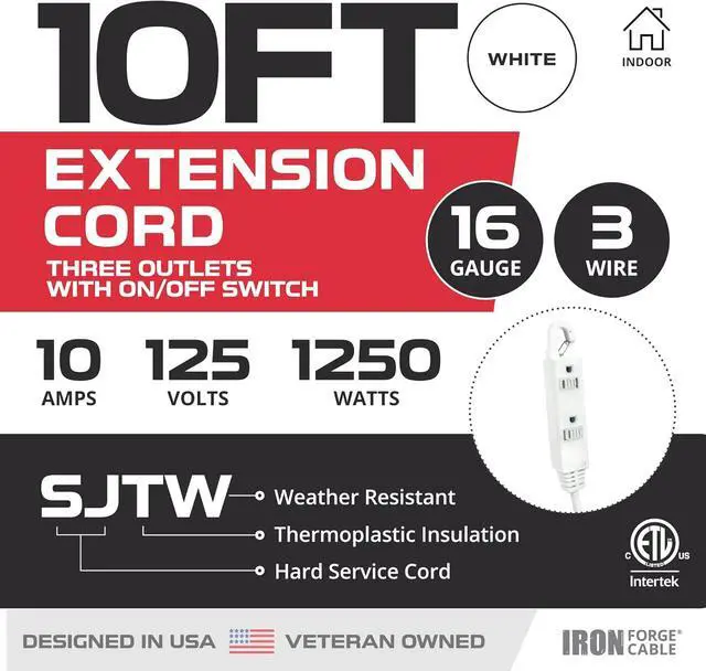 Alt view image 2 of 7 - Iron Forge Cable 10 Ft 3 Outlets White Extension Cord with Inline Switch On/Off, 16/3 SJTW 3 Prong with Hook for Hanging -10 AMP Cord - ETL Listed