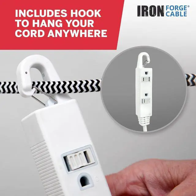 Alt view image 3 of 7 - Iron Forge Cable 10 Ft 3 Outlets White Extension Cord with Inline Switch On/Off, 16/3 SJTW 3 Prong with Hook for Hanging -10 AMP Cord - ETL Listed