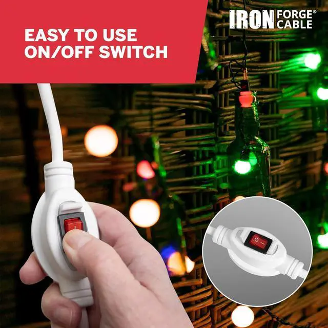 Alt view image 6 of 7 - Iron Forge Cable 10 Ft 3 Outlets White Extension Cord with Inline Switch On/Off, 16/3 SJTW 3 Prong with Hook for Hanging -10 AMP Cord - ETL Listed