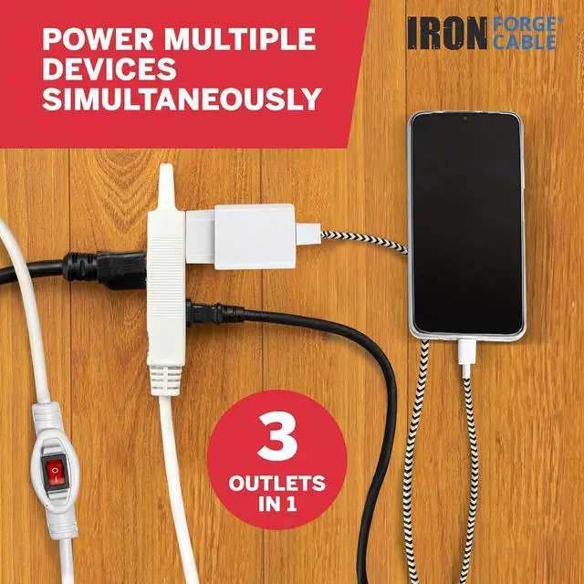 Alt view image 7 of 7 - Iron Forge Cable 10 Ft 3 Outlets White Extension Cord with Inline Switch On/Off, 16/3 SJTW 3 Prong with Hook for Hanging -10 AMP Cord - ETL Listed