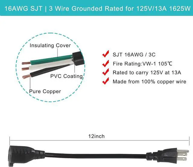 Alt view image 2 of 7 - 1FT Short Power Extension Cord 1FT - Short 3 Prong Extension Cord Outlet Saver Indoor SJT 16 AWG Heavy Duty 1 Foot AC Power Extensions Cable with NEMA 5-15P to NEMA 5-15R Connector (5PACK)