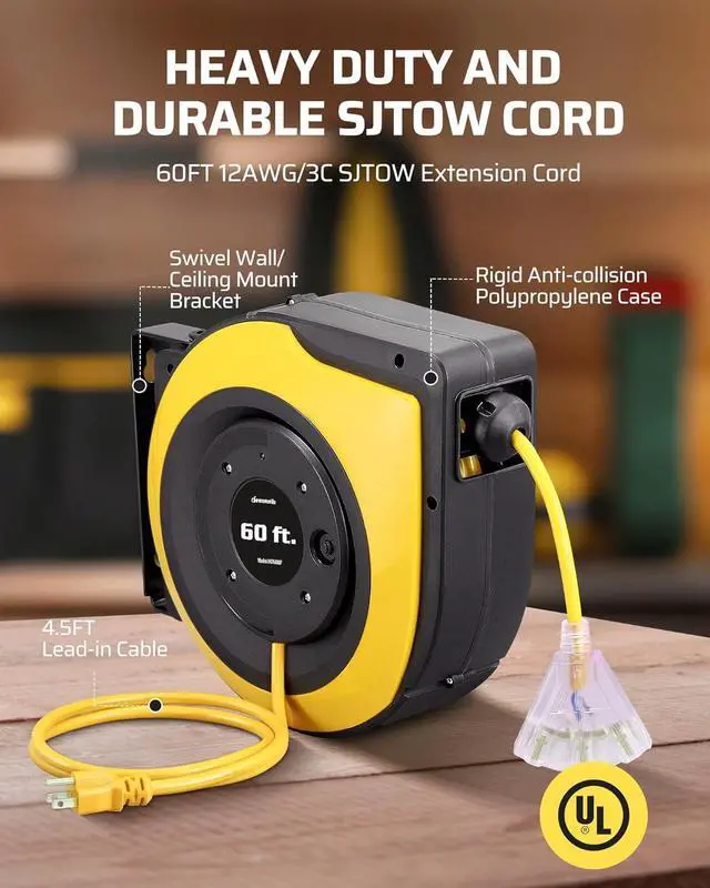 Alt view image 3 of 7 - DEWENWILS Retractable Cord Reel, 60FT Heavy Duty Extension Cord, 12AWG/3C SJTOW, 3 Grounded Outlets Lighted Triple Tap, 15A Circuit Breaker, Wall/Ceiling Mounted for Garage, Workshop, UL Listed