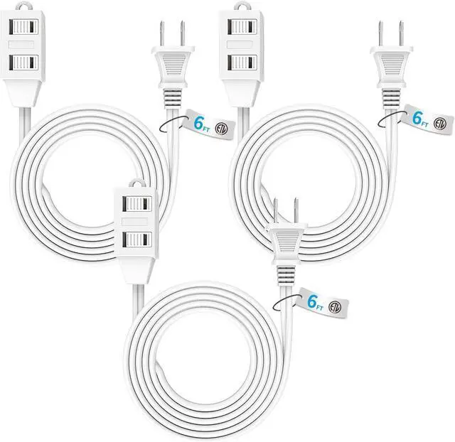 Main image of Indoor Extension Cord, 2 Prong 6 Feet Extension Cord, 3 Polarized Outlets with Safety Slide Windows,13A/1625W, 16 AWG, 2 Packs (3 Packs)