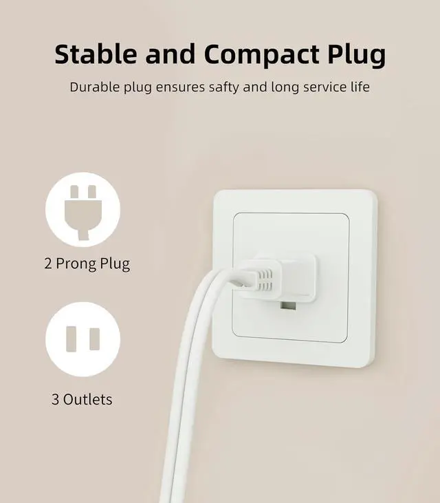 Alt view image 3 of 7 - Indoor Extension Cord, 2 Prong 6 Feet Extension Cord, 3 Polarized Outlets with Safety Slide Windows,13A/1625W, 16 AWG, 2 Packs (3 Packs)