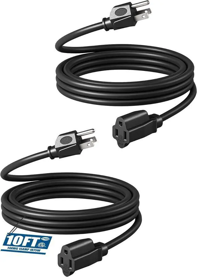 Main image of DEWENWILS Extension Cord 10ft, 14/3 SJTW Weatherproof Power Cable for Indoor Outdoor Use, 3 Prong Heavy Duty Power Cord, Black, ETL Listed, 2 Pack