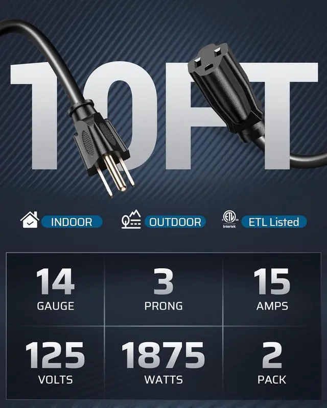 Alt view image 2 of 7 - DEWENWILS Extension Cord 10ft, 14/3 SJTW Weatherproof Power Cable for Indoor Outdoor Use, 3 Prong Heavy Duty Power Cord, Black, ETL Listed, 2 Pack