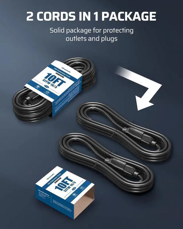 Alt view image 4 of 7 - DEWENWILS Extension Cord 10ft, 14/3 SJTW Weatherproof Power Cable for Indoor Outdoor Use, 3 Prong Heavy Duty Power Cord, Black, ETL Listed, 2 Pack