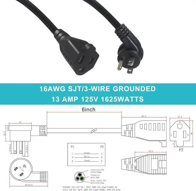 Alt view image 2 of 7 - [5 Pack] Flat Plug Short Power Extension Cord - 6inch Black Low Profile Flat Head 3 Prong Grounded Indoor Extension Cord,16AWG 13amp Household Appliance Electrical Extension Cord with Flat Wall Plug