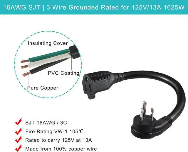 Alt view image 5 of 7 - [5 Pack] Flat Plug Short Power Extension Cord - 6inch Black Low Profile Flat Head 3 Prong Grounded Indoor Extension Cord,16AWG 13amp Household Appliance Electrical Extension Cord with Flat Wall Plug