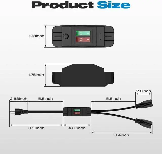 Alt view image 2 of 7 - Extension Cord with ON/Off Switch, Malictele 2-Way 3 Prong Extension Cord Power Cord Extension Y Splitter Outdoor Plug Splitter with one NEMA 5-15P Plug and Two NEMA 5-15R Receptacles.