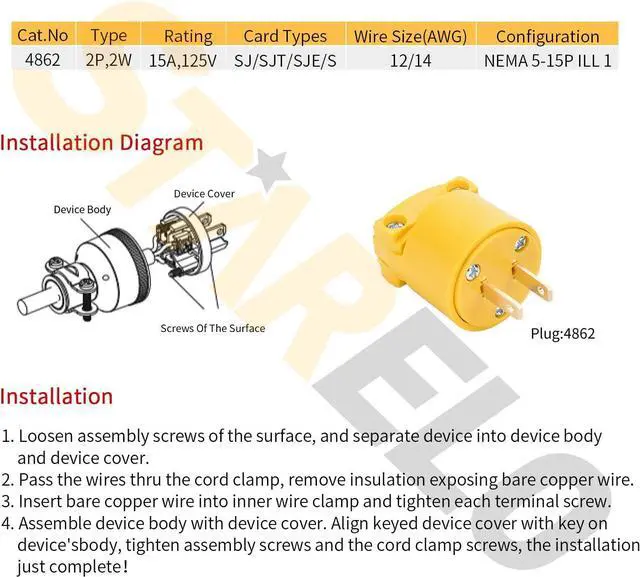 Alt view image 2 of 6 - STARELO Electrical Replacement Plug Extension Cord End Yellow Shell 125V 15A 2Pole 2Wire NEMA 5-15P Industrial Grade 2-Prong Straight Blade(3)