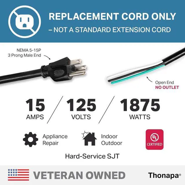 Alt view image 2 of 6 - 15 Amp Replacement Cord 6 Foot with Open End - 12 AWG Replacement Extension Cable 3 Prong to 3 Wire, 12/3 SJT, NEMA 5-15P - Black