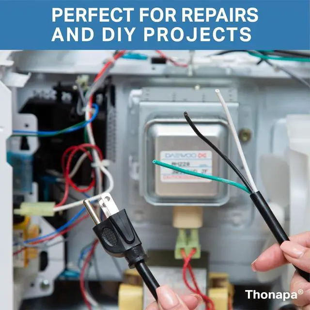 Alt view image 3 of 6 - 15 Amp Replacement Cord 6 Foot with Open End - 12 AWG Replacement Extension Cable 3 Prong to 3 Wire, 12/3 SJT, NEMA 5-15P - Black