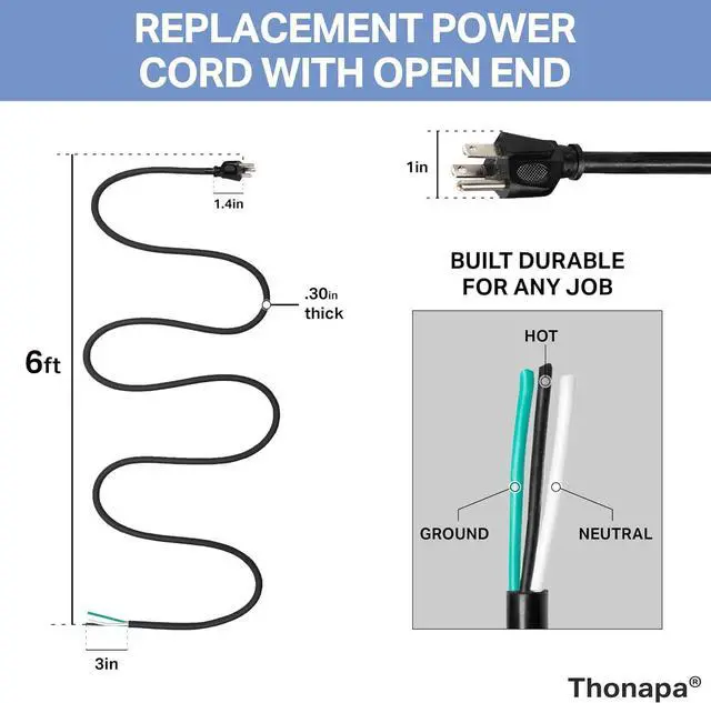 Alt view image 5 of 6 - 15 Amp Replacement Cord 6 Foot with Open End - 12 AWG Replacement Extension Cable 3 Prong to 3 Wire, 12/3 SJT, NEMA 5-15P - Black