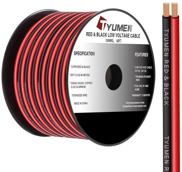 Main image of 12 Gauge Wire 50FT, 12 AWG Red Black Hookup Electrical Wire LED Strips Extension Cord 12V/24V DC Cable, 12AWG 2 Conductors Flexible Wire for in-Home, Autos, Schools use