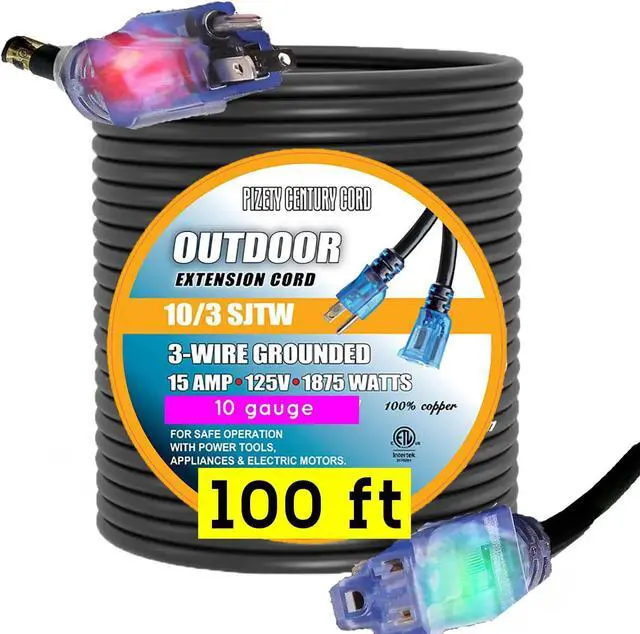 Main image of 100 ft Extension Cord 10/3  10 Gauge Outdoor Heavy Duty Power Cable, 15 Amp 1875W, Waterproof SJTW with Lighted End, 3-Prong, Indoor/Outdoor Extreme Weather Use Flexible & Durable