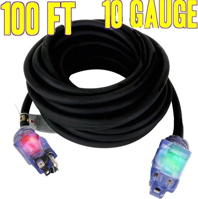Alt view image 7 of 7 - 100 ft Extension Cord 10/3  10 Gauge Outdoor Heavy Duty Power Cable, 15 Amp 1875W, Waterproof SJTW with Lighted End, 3-Prong, Indoor/Outdoor Extreme Weather Use Flexible & Durable