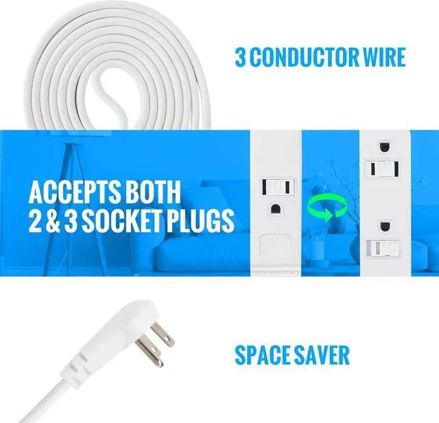 Alt view image 3 of 7 - Maximm Extension Cord White 15 Ft with Automatic Closing Hook, Multi Outlet - 3 Prong Power Cord Extender Angled Flat Plug, Child Safety Feature (15ft)