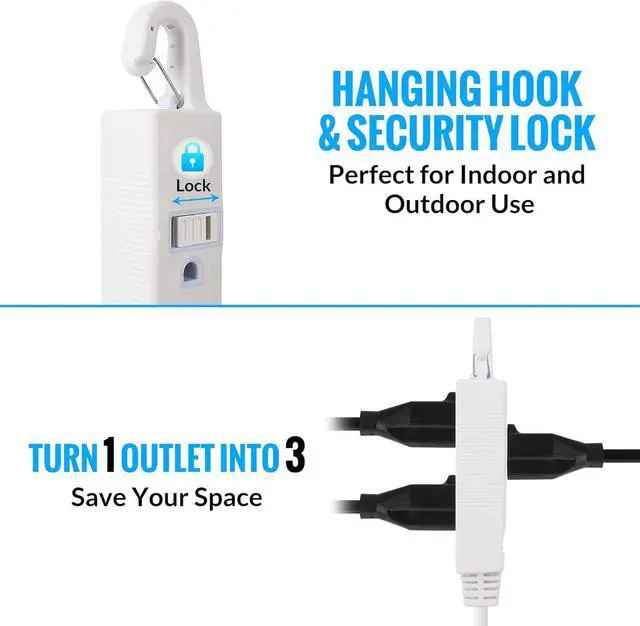 Alt view image 2 of 7 - Maximm Extension Cord White 15 Ft with Automatic Closing Hook, Multi Outlet - 3 Prong Power Cord Extender Angled Flat Plug, Child Safety Feature (15ft)