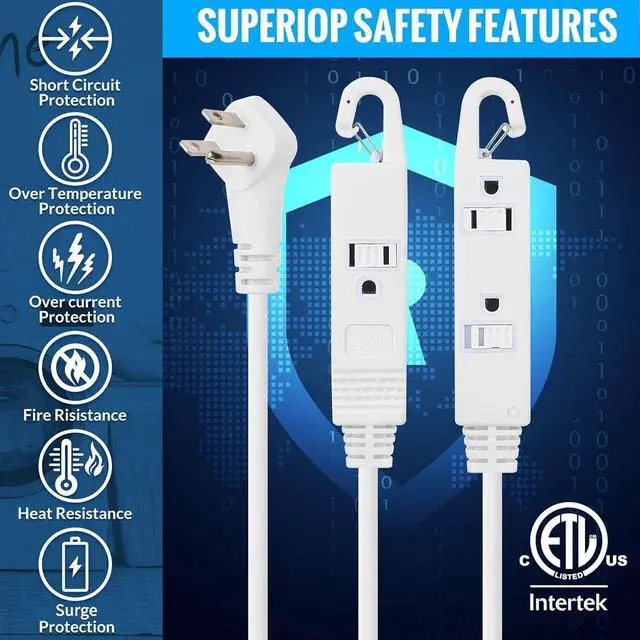 Alt view image 7 of 7 - Maximm Extension Cord White 15 Ft with Automatic Closing Hook, Multi Outlet - 3 Prong Power Cord Extender Angled Flat Plug, Child Safety Feature (15ft)