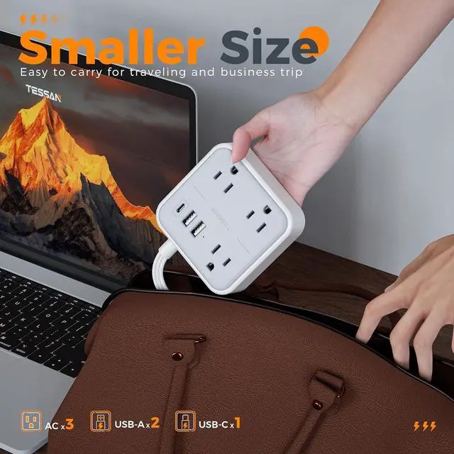 Alt view image 4 of 7 - Extension Cord Flat Long Power Strip 15 FT, TESSAN Surge Protector Power Strip with USB Ports (1 USB C), Flat Wall Outlet Extender with 3 Outlets for Home, Office, School, Dorm Room Essentials