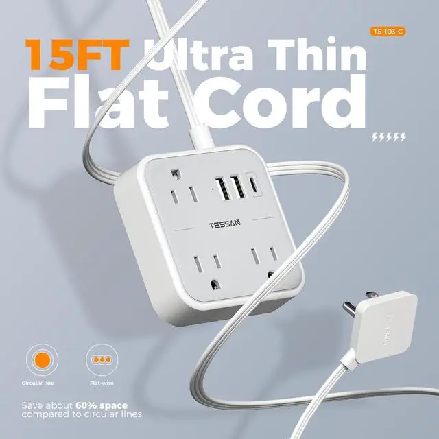 Alt view image 7 of 7 - Extension Cord Flat Long Power Strip 15 FT, TESSAN Surge Protector Power Strip with USB Ports (1 USB C), Flat Wall Outlet Extender with 3 Outlets for Home, Office, School, Dorm Room Essentials
