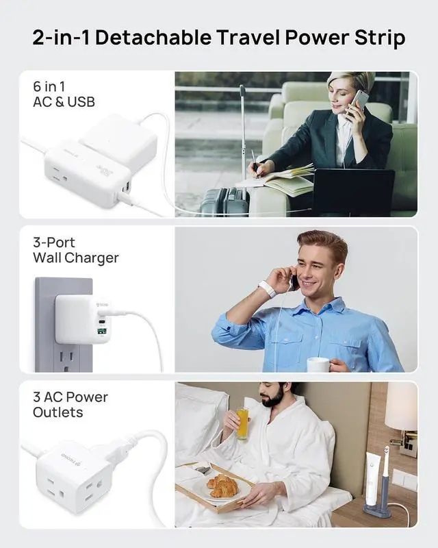 Alt view image 4 of 7 - TROND Travel Power Strip with Detachable USB C Ports Fast Charge GaN III PD35W, 5ft Flat Plug Extension Cord with Multiple Outlets, for Home Hotel Dorm Room Cruise Ship Essentials, White
