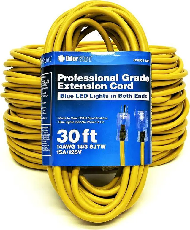 Main image of OdorStop OSEC1430 Extension Cords with Blue LED Lights on Both Ends, 14/3 SJTW, 30-ft