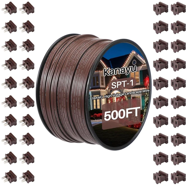 Main image of Kanayu 500ft SPT-1 High Voltage Landscape Wire 18 Awg 10 Amps Outdoor Electrical Extension Cord Wire Bulk Blank Spool Zip with 40 Male Female Plug for Light Lamp Lights(Brown)