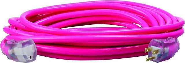 Alt view image 2 of 7 - Coleman Cable 2577SW000A 25-Foot 12/3 Neon Outdoor Extension Cord, Made in the USA, Water Resistant Vinyl Jacket, Reinforced Blades, Clear Molded Plug With Power Indicated Light, Fluorescent Pink,