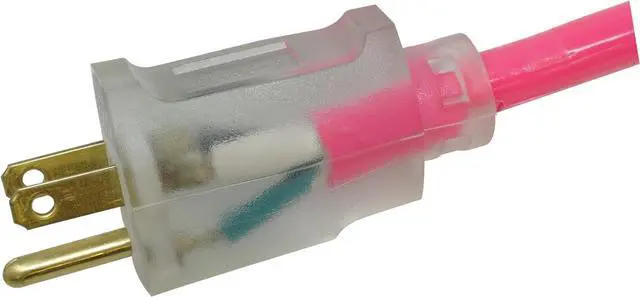 Alt view image 3 of 7 - Coleman Cable 2577SW000A 25-Foot 12/3 Neon Outdoor Extension Cord, Made in the USA, Water Resistant Vinyl Jacket, Reinforced Blades, Clear Molded Plug With Power Indicated Light, Fluorescent Pink,