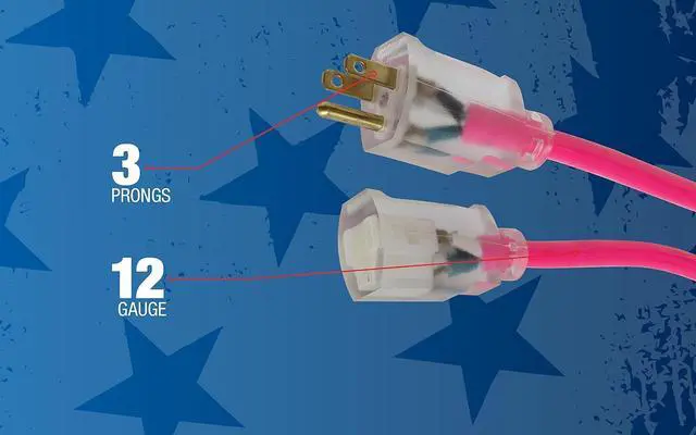 Alt view image 6 of 7 - Coleman Cable 2577SW000A 25-Foot 12/3 Neon Outdoor Extension Cord, Made in the USA, Water Resistant Vinyl Jacket, Reinforced Blades, Clear Molded Plug With Power Indicated Light, Fluorescent Pink,