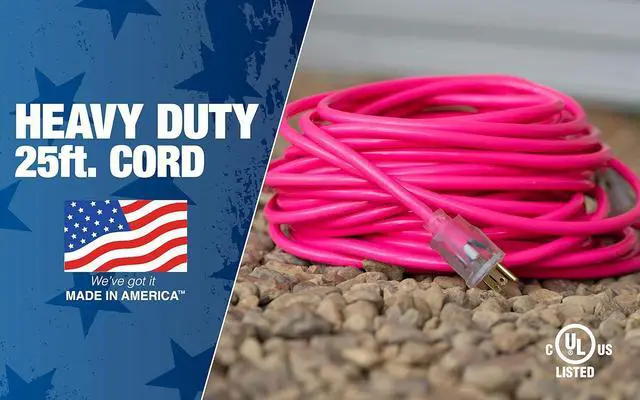 Alt view image 4 of 7 - Coleman Cable 2577SW000A 25-Foot 12/3 Neon Outdoor Extension Cord, Made in the USA, Water Resistant Vinyl Jacket, Reinforced Blades, Clear Molded Plug With Power Indicated Light, Fluorescent Pink,