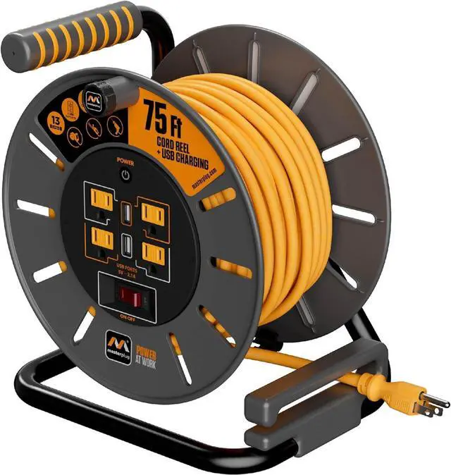 Main image of 75ft Cord Reel, Retractable Extension Lead with Winding Handle, Safety Overload Circuit Breaker and Power Switch, 4x Grounded Outlets, 2x USB Ports, 15amps, 12AWG Cable