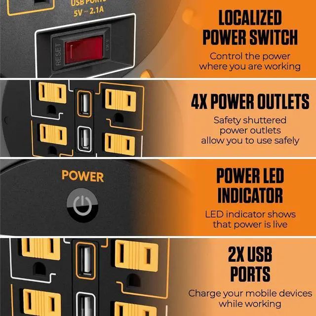 Alt view image 2 of 7 - 75ft Cord Reel, Retractable Extension Lead with Winding Handle, Safety Overload Circuit Breaker and Power Switch, 4x Grounded Outlets, 2x USB Ports, 15amps, 12AWG Cable