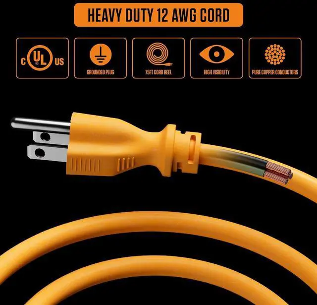 Alt view image 4 of 7 - 75ft Cord Reel, Retractable Extension Lead with Winding Handle, Safety Overload Circuit Breaker and Power Switch, 4x Grounded Outlets, 2x USB Ports, 15amps, 12AWG Cable