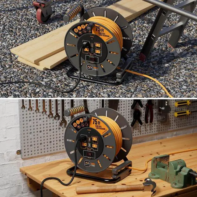 Alt view image 6 of 7 - 75ft Cord Reel, Retractable Extension Lead with Winding Handle, Safety Overload Circuit Breaker and Power Switch, 4x Grounded Outlets, 2x USB Ports, 15amps, 12AWG Cable