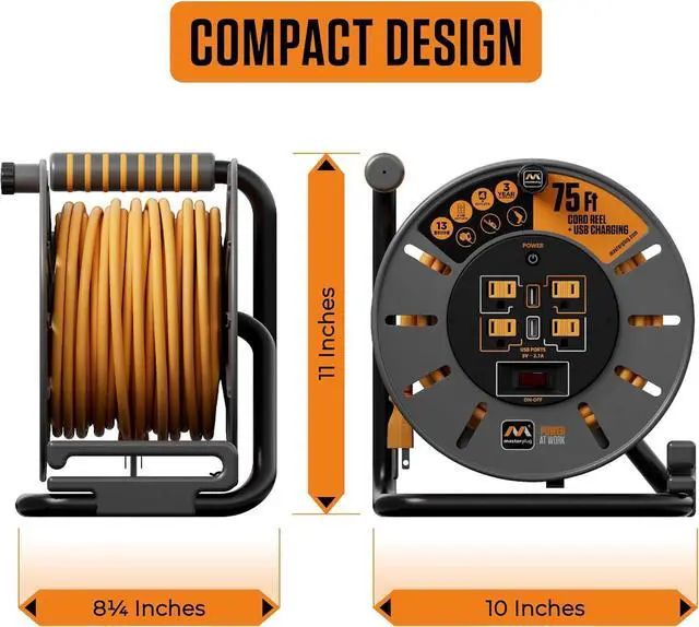 Alt view image 7 of 7 - 75ft Cord Reel, Retractable Extension Lead with Winding Handle, Safety Overload Circuit Breaker and Power Switch, 4x Grounded Outlets, 2x USB Ports, 15amps, 12AWG Cable
