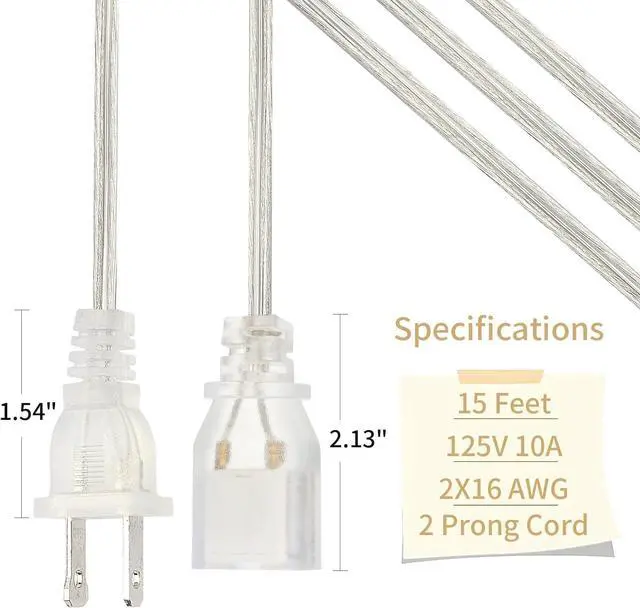 Alt view image 5 of 7 - Clear Extension Cord 15 Ft, UL-Certified Clear Extension Cord Indoor Thin, 2 Prong Extension Cords, Male to Female Invisible Extension Cord 2 x 16 AWG, Thin Extension Cords for Light (1 Pack)