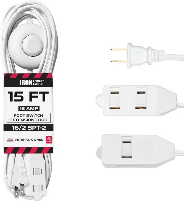 Main image of Iron Forge Cable 15 ft 3 Outlet White Extension Cord with Foot Switch - 16/2 SJTW 2 Prong Indoor Extension Cord with Multiple Outlets