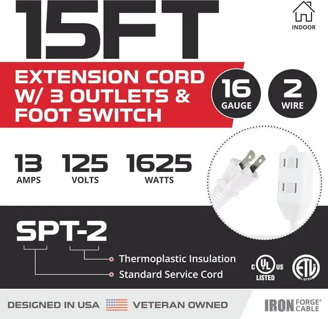 Alt view image 2 of 6 - Iron Forge Cable 15 ft 3 Outlet White Extension Cord with Foot Switch - 16/2 SJTW 2 Prong Indoor Extension Cord with Multiple Outlets